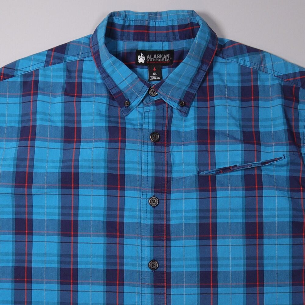 Duluth Alaskan Hardgear Borealis Shirt Blue Plaid Short Sleeve Mens XL